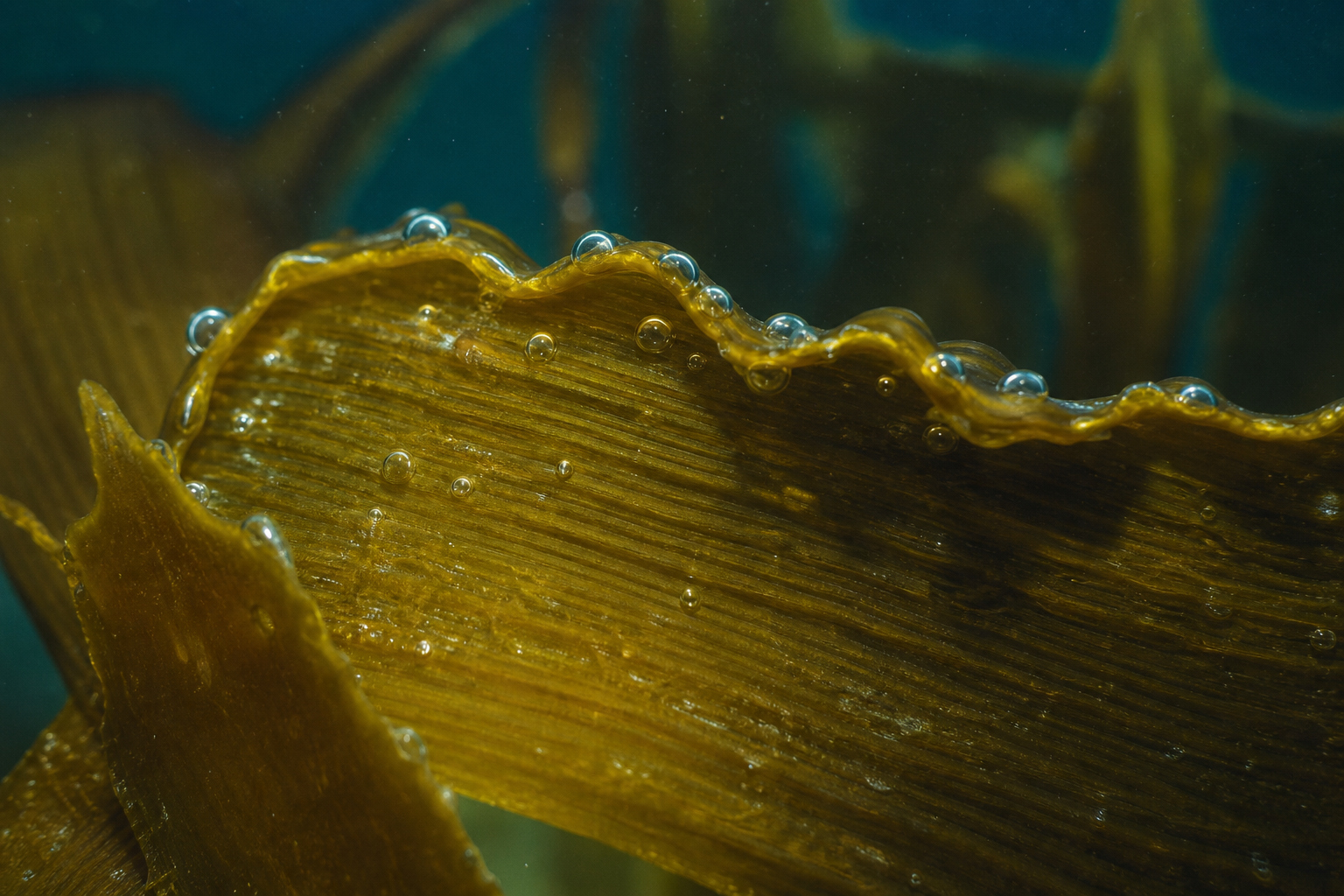 Macro of brown kelp frond underwater